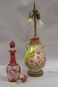 Nippon Floral Decorated Porcelain Lamp Base and Etched Ruby Flash Decanter