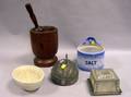 Glazed Stoneware Salt Box Pottery Sheaf of Wheat Pudding Mold Two Tin Molds and a Wooden Mortar and Pestle