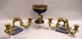 Pair of Victorian Gilt Decorated Blue Opaline and Brass Candelabra and a French Giltmetal Mounted Glazed Porcelain Footed Bowl
