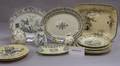 Seven Assorted English Black and White Transfer Decorated Ironstone Platters Eight Plates a Holder and Two Ceramic Vases