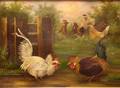 Framed Oil of a Barn Yard with Roosters
