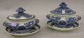 Pair of Chinese Export Porcelain Canton Blue and White Covered Sauce Tureens with Undertrays