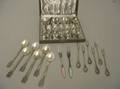 Two Sets of Six Danish Sterling Silver Cocktail Forks and Demitasse Spoons and a Pair of Enameled Demitasse Forks