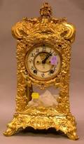 Ansonia Art Nouveau Gilt Floral Cast Metal and Glass Mantel Clock
