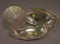 Sterling Silver Overlaid Glass Trivet and Two Sterling Silver Shaped Serving Trays