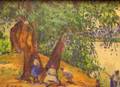 Framed Oil Depicting Figures at Rest Beneath Trees