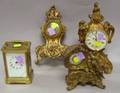 Three Frenchstyle Gilt Cast Metal Table Clocks and a Waterbury Clock Co Frenchstyle Brass and Glass Carriage Clock