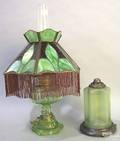 Green glass oil lamp with slag glass shade