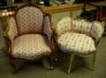 Louis XV Style Upholstered Carved and Painted Boudoir Chair and a Rococostyle Upholstered Carved Mahogany Fauteuil