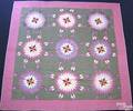 Mennonite pieced quilt with 9 stars within a pink and green borders