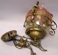 Victorian Gilt Brass Framed Art Glass Hanging Hall Lamp