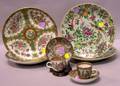 Four Chinese Export Porcelain Rose Canton Plates and Two Cups and Saucers