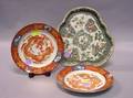 Pair of Chinese Export Iron Red Porcelain Plates and a Famille Verte Porcelain Trefoil Tray