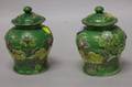 Pair of Chinese Green Glazed Ceramic Covered Urns