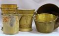 Three Paint Decorated Tin Buckets and Two Brass and Wrought Iron Kettles