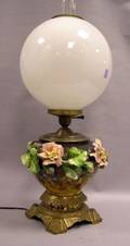 Victorian Aesthetic Cast Brass Mounted Faience Table Lamp with Glass Globe