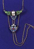Art Deco Silver Gilt Enamel and Gemset Pendant Watch Chain