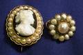 Antique 18kt Gold Agate Enamel and Seed Pearl Cameo Brooch