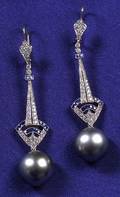 18kt White Gold Sapphire Diamond and Tahitian Pearl Earpendants
