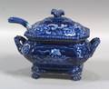 Blue Transfer Decorated Staffordshire Pottery Covered Sauce Tureen and Ladle