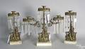 Set of 3 brass and marble girandole candlesticks with prisms