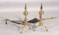 Pair of Brass and Iron Spiretop Andirons with Matching Tools