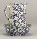 Blue Sponge Decorated Stoneware Pitcher and Bowl