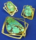 Contemporary 18kt Gold and Turquoise Brooch and Earclips