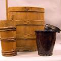 Oval Wooden Barrel Water Carrier Small Wooden Barrel Churn and a Leather Firebucket