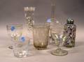 Six Pieces of Mostly European Etched Cut and Enamel Decorated Colorless Glassware and an Enameled Bottle with Pewter Lid