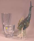 Small Lalique Colorless Glass Figural Pheasant Dish Two Scandinavian Colorless Crystal Vases and a Venetian Figural Fish Ornament