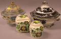 Two Masons Rosemary Shelton Transfer Decorated Ironstone Tea Caddies and Two English Transfer Decorated Staffordshire Covered Serving B