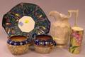 Two Royal Doulton Stoneware Sugar Bowls Ceramic Dish an English Salt Glazed Jug and a J Fischer Glazed Spill Vase