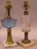Two Glass Oil Lamps with Brass and Marble Bases
