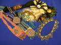 Asian Cloisonne Enamel Belt Buckle and Group of Beadwork and Feather Articles
