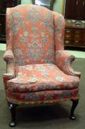 Queen Anne Style Upholstered Mahogany Wing Chair