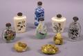 Group of Six Asian Snuff Bottles and Three Carved Resin Netsuke