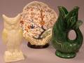 English Imari Palette Porcelain Shrimp Dish a Majolica Fishform Jug and a Belleek Porcelain Owlform Vase