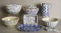 Eight pieces of blue and white sponge decorated serving pieces