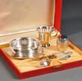 Sixpiece Cartier Sterling Silver Childrens Dining Set and Gorham Sterling Silver Childs Bank