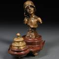 After Emmanuel Villanis French 18581914 Bronze Saida Bust Mounted to Griotte Italian Marble Inkwell