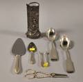 Six Silver and Silverhandled Flatware Serving Items and a Silverclad Vase