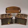 Two Wood and Punched Tin Footwarmers and Wooden Open Wall Box