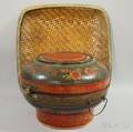 Asian Polychromedecorated Wooden Footed Box with Dome Lid and a Large Square Woven Splint Tray