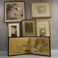Five Framed Asian Ink and Watercolor Works on Paper and a Small Folding Screen