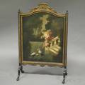 Late Victorian Parcelgilt and Ebonized Gesso and Wood Firescreen with Painted Scenic Central Panel