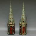 Pair of Large Polychromepainted Sheet Metal and Glass Steepleform Lanterns