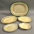 Three Oval Creamware Platters a Small Serving Bowl and a Leeds Oval Platter with Green Rim