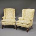 Pair of Chippendalestyle Upholstered Mahogany Wing Chairs