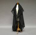 Black Henrietta Shawl with Corner Embroidery and Lace Trim